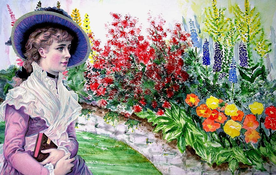 femella, jardí, jove, dona, feliç, Sostenint Llibres, flors, victoriana, edwardian, vintage, collage