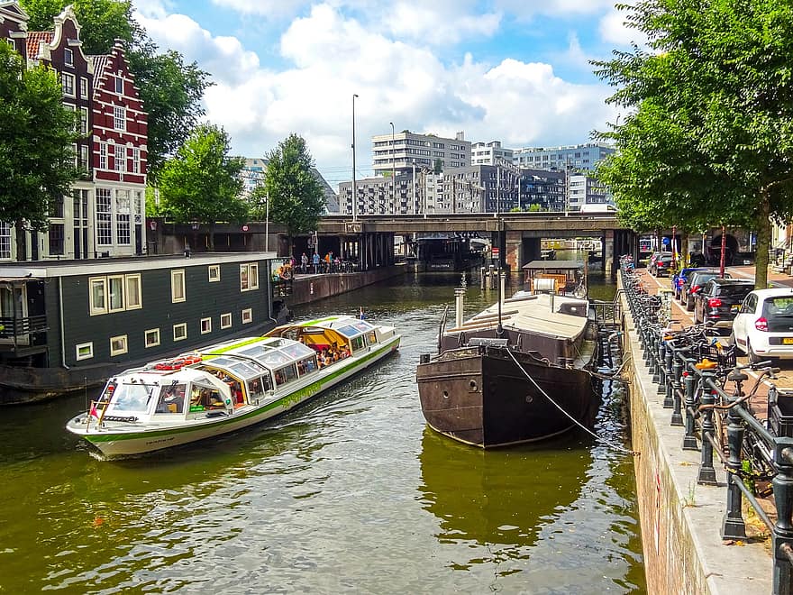 amsterdam, Pays-Bas, navires, canal, immeubles, architecture, ville, Hollande, tourisme, L'Europe , eau