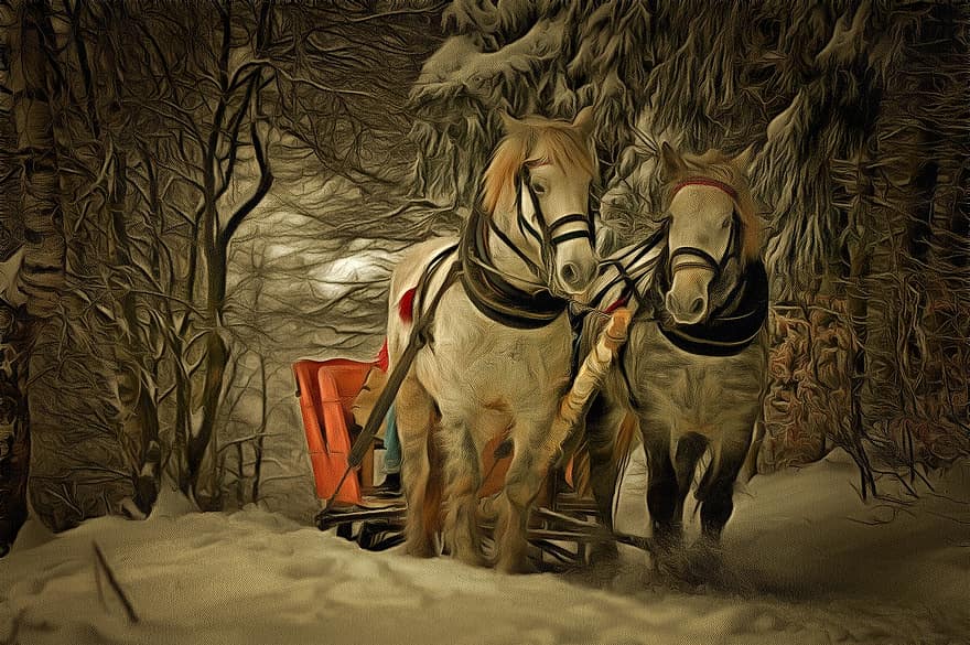 koń, śnieg, zwierzę, zimowy, biały, brązowy koń