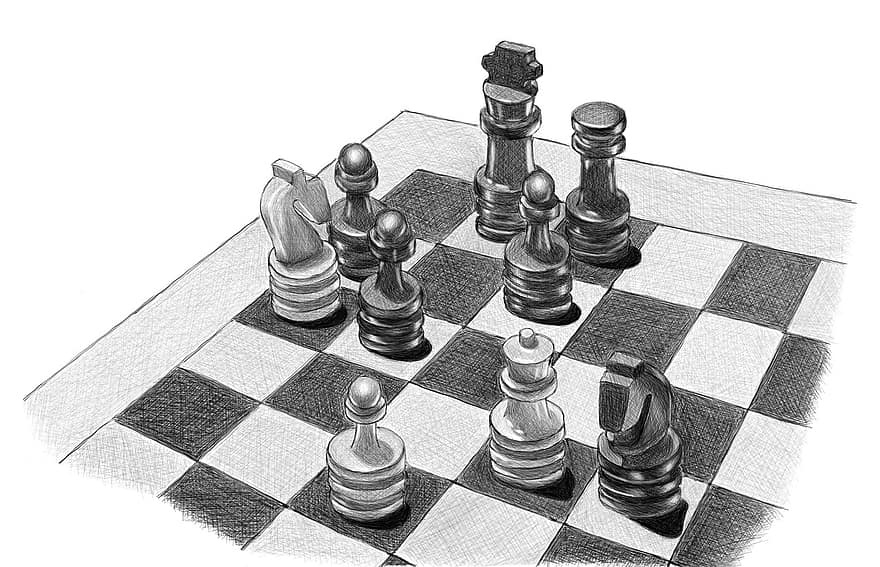 skica, šachy, výkres, Černý a bílý, šedá stupnice, hra, hrát si, strategie, Šach mat, král, havran