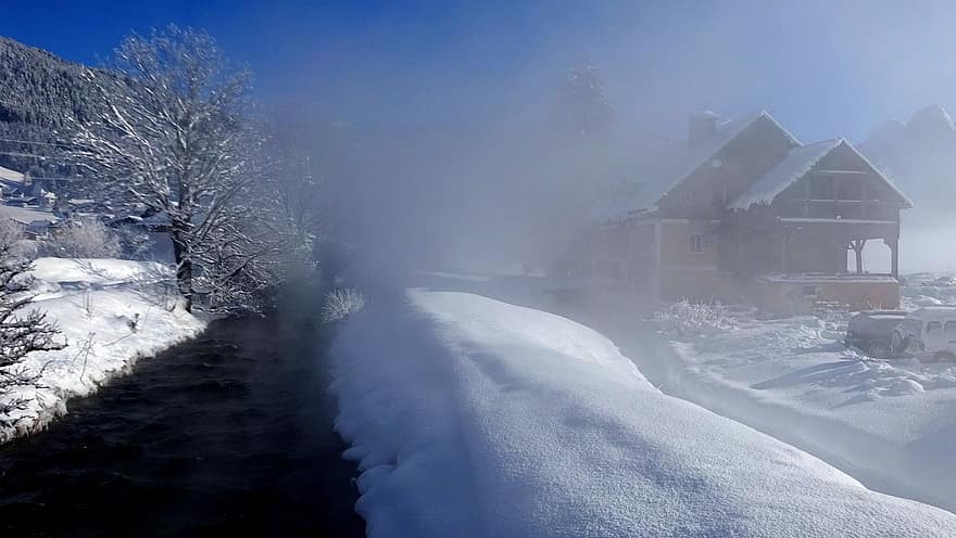 Village, Winter, River, Fog, Waterway, Snow, Cold, Frost, Wintry, House, Bach