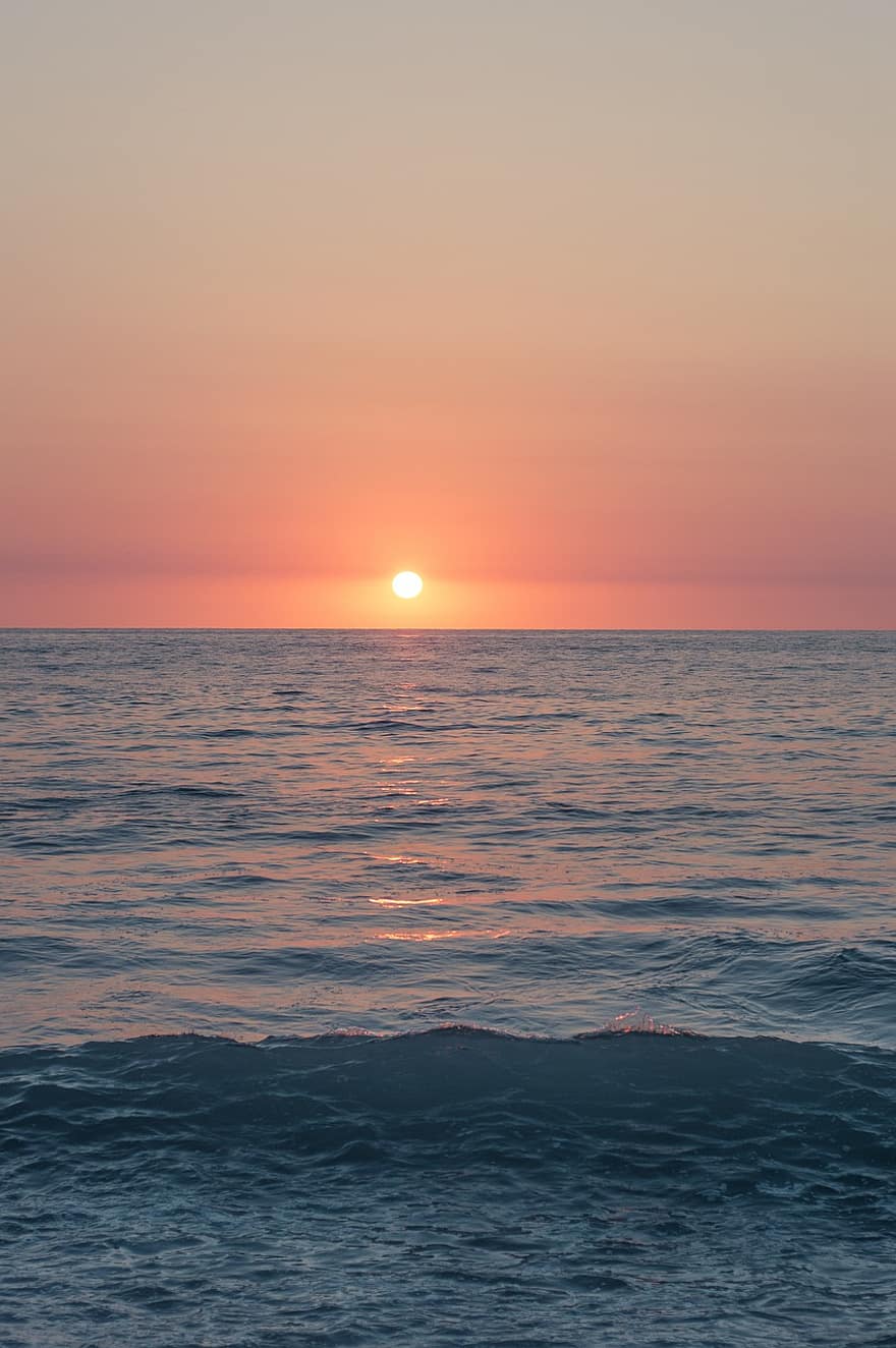 захід сонця, море, горизонт, сонце, сонячне світло, морський пейзаж, океану, води, хвилі