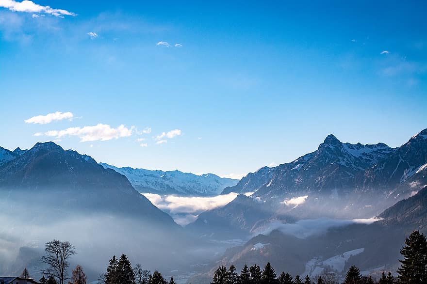 планини, природа, мъгла, пейзаж, зима, сняг, връх, облаци, небе, планински пейзаж, Австрия