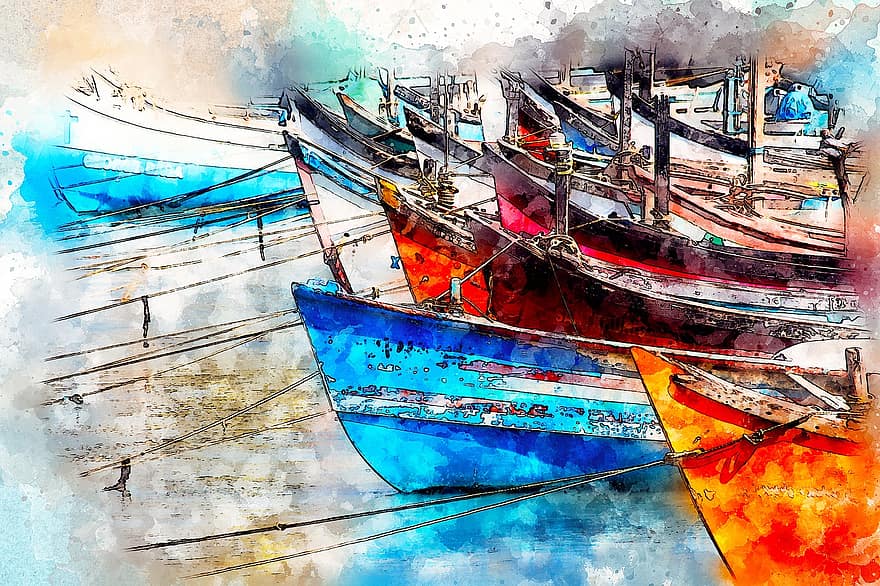 lodí, rybolov, moře, umění, vodové barvy, vinobraní, barvitý, umělecký, textura, přístav, abstraktní