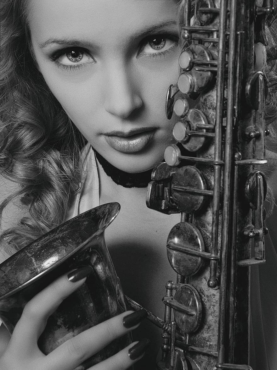 menina, retrato, saxofone, monocromático, lindo, retrô, face, mulher