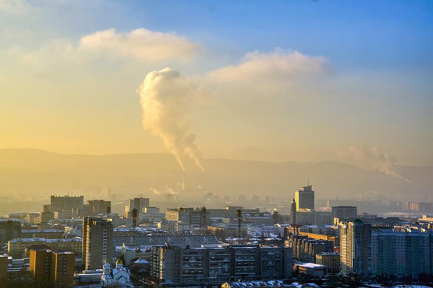 krasnojarsk, Miasto, zachód słońca, Rosja, Syberia, palić, struktura fizyczna, pejzaż miejski, zanieczyszczenie, miejska linia horyzontu, parowy