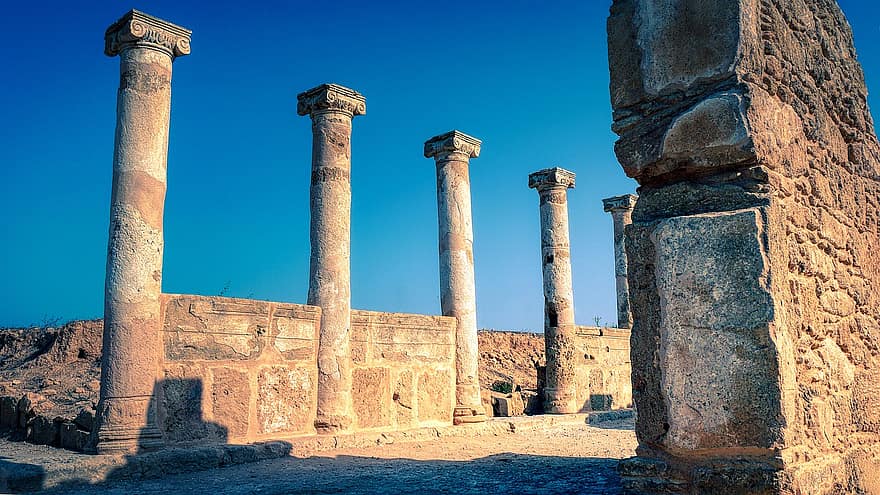 pilars, columnes, ruïnes, columnar, antiguitat, arquitectura, roman, vell, històricament, paphos, jaciment arqueològic