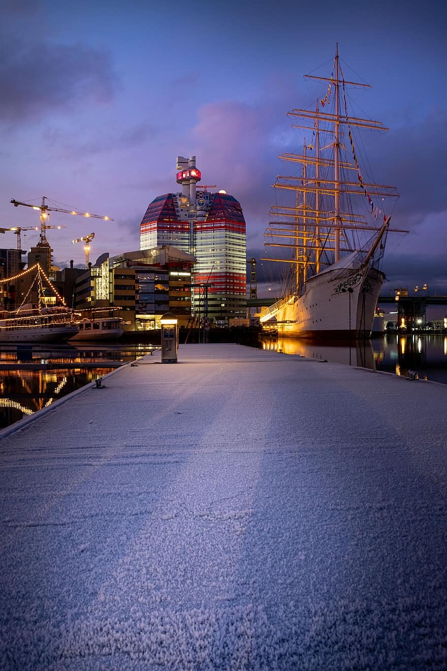 hiver, quai de chargement, Göteborg, neige, Suède