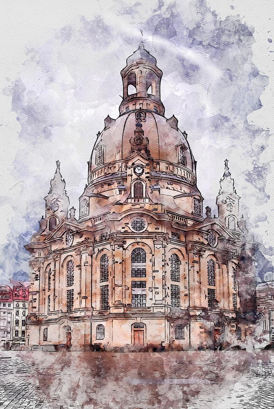 Allemagne, Saxe, Dresde, Frauenkirche, point de repère, bâtiment, art à l'encre, église, L'Europe , Voyage, cathédrale