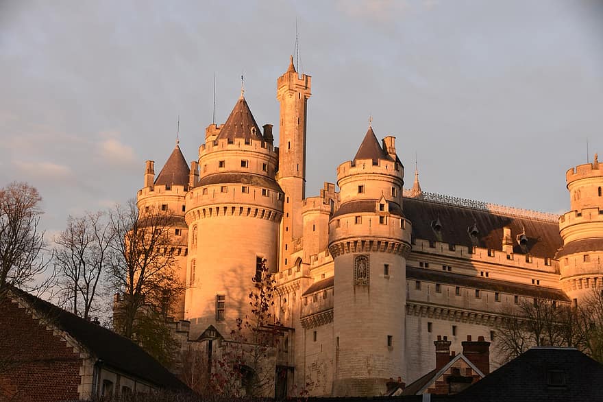 Franciaország, napnyugta, Pierrefonds, chateau, kastély, építészet, történelmi, híres hely, történelem, épület külső, kultúrák