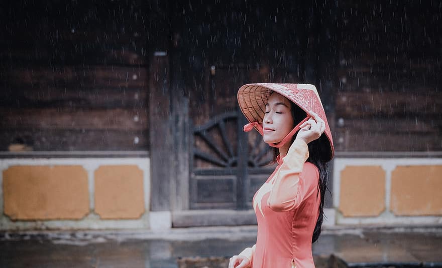 dívka, kuželovitý klobouk, portrét, žena, ženský, non la, tradiční klobouk, móda, Krásná, pěkný, asijský