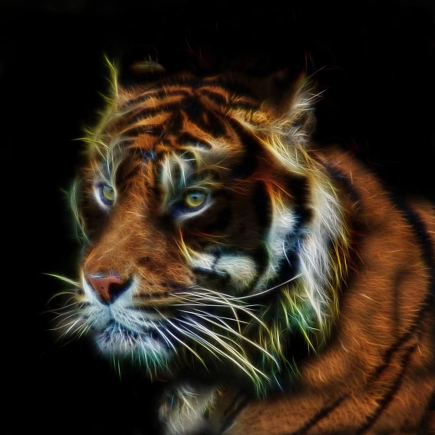 tiger, fractalius, profilbillede, pels, tæt på, magtfulde, vild kat, kødædere, rovdyr, fotokunst, portræt