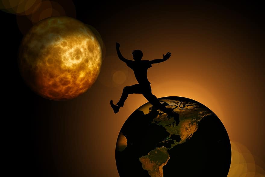 Trái đất, mặt trăng, người, hình bóng, tự tin, nhảy, vui sướng, hoan hô, lòng can đảm, niềm vui của cuộc sống, liên doanh