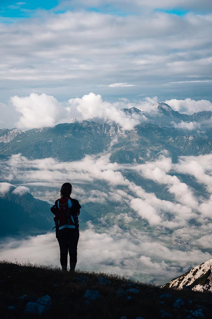 Hike, Austria, Alps, Mountain, Summit, Clouds, Landscape
