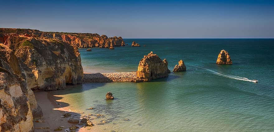 Portugal, algarve, pantai, jurang, pemandangan, pemandangan laut, pulau