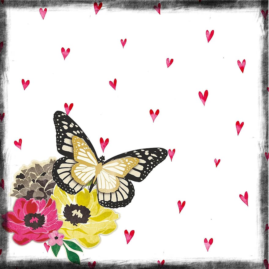 plakboek, pagina, vlinder, bloem, boeket, hart-, papier, decoratief, project, ambacht, decoupage
