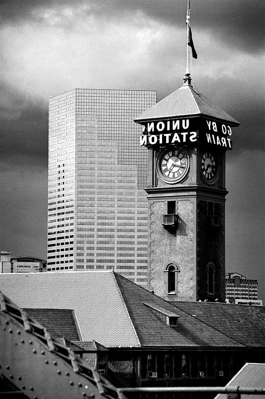 Estación Unión, Portland, Oregon, torre, reloj, Torre del Reloj, edificios, fachada, Alto, edificios de gran altura, urbano, ciudad