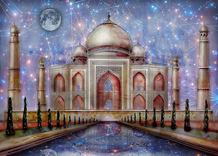 Taj Mahal, mešita, památník, budova, kupole, architektura, Indie, nebe, hvězda, agra, vodové barvy