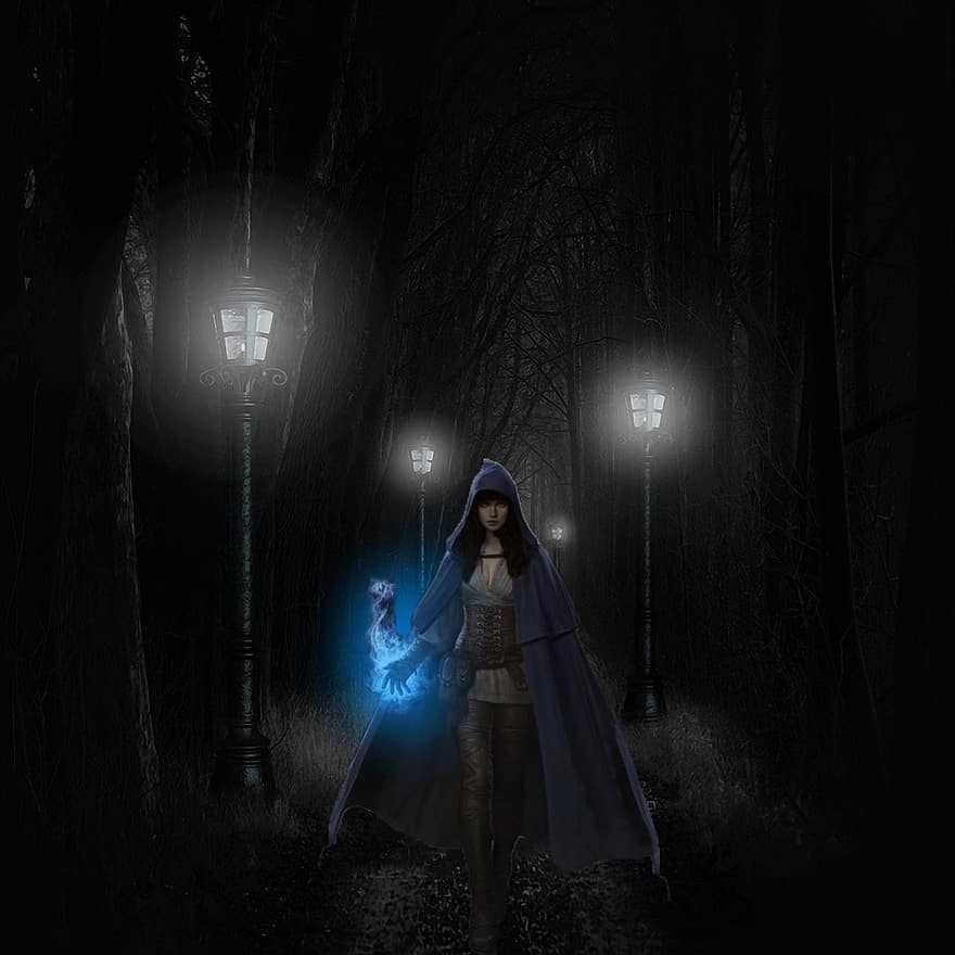 Background, Night, Lamps, Pathway, Wizard, Fantasy, Female, Character, Digital Art