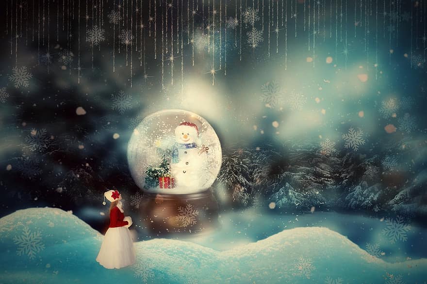 Snow, View, Nature, Forest, Winter, Christmas, Cold, Fantasy, Girl, Snowman, Globe