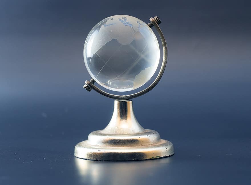 pasaulē, karte, stikla globuss, Caurspīdīgs globuss, kristāla globuss, jomā, ģeogrāfija, Metāla statīvs, aprīkojumu, kristāls, Fiziskā ģeogrāfija