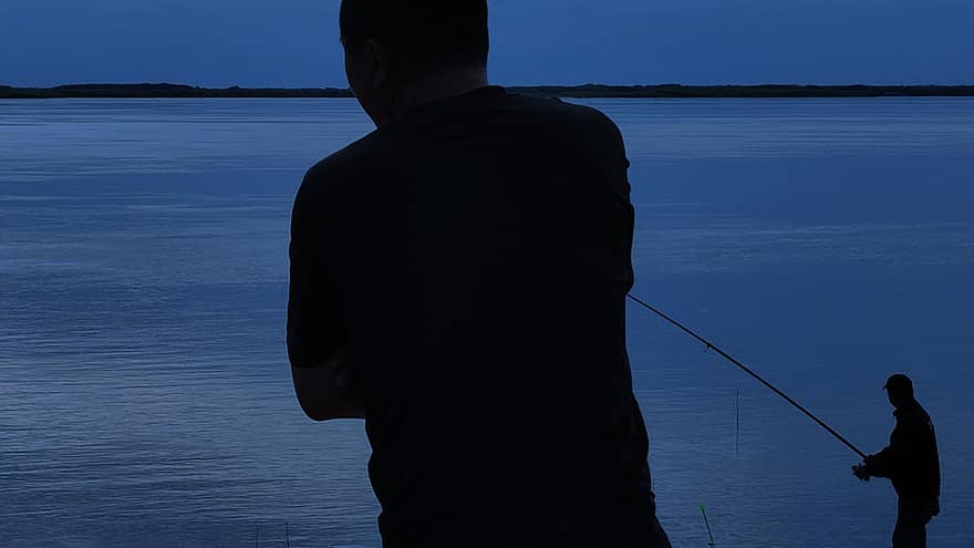 River, Fishing, Hobby, Leisure, men, silhouette, water, fisherman, adult, back lit, recreational pursuit