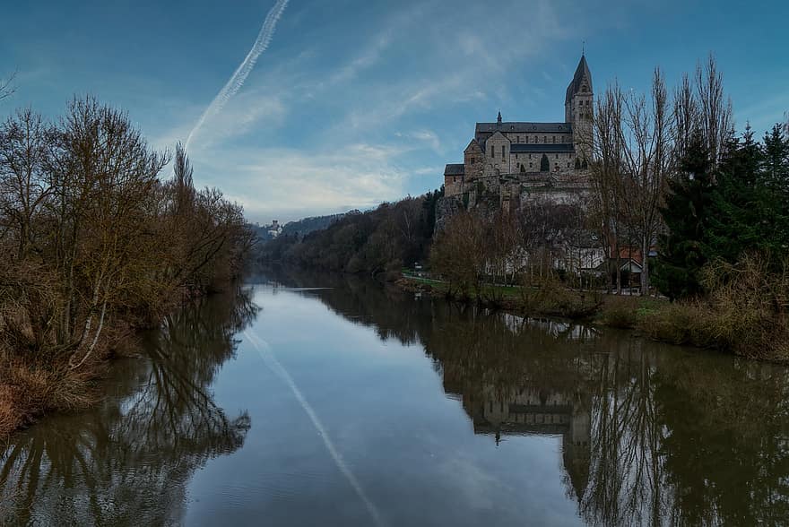 River, Church, Town, Historical, Building, Hesse, Lahn, Limburg, Germany, Water, Reflection