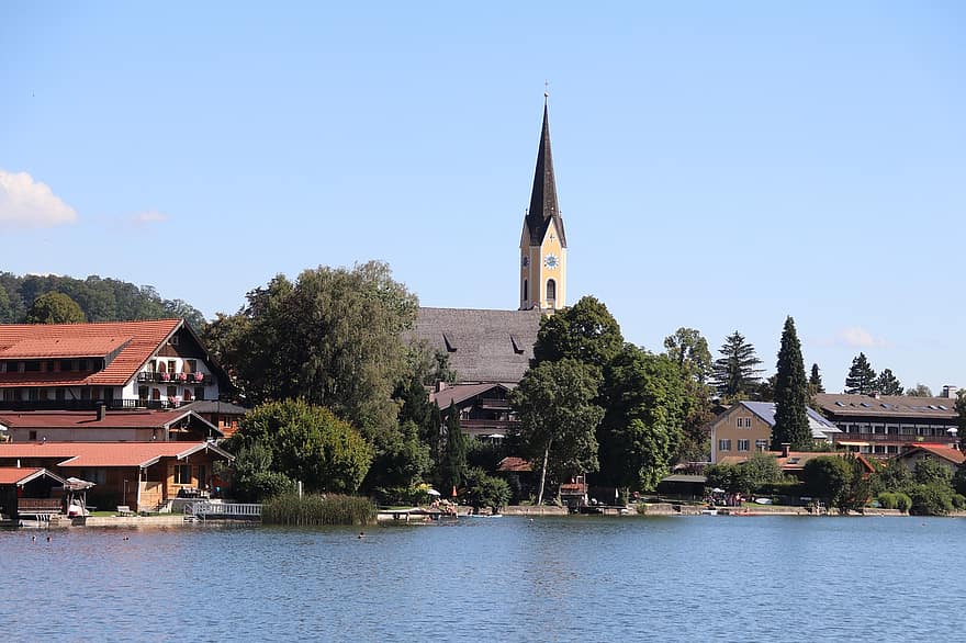 озеро, воды, Schliersee, церковь, жилой дом, городок, деревня, Miesbach, бавария