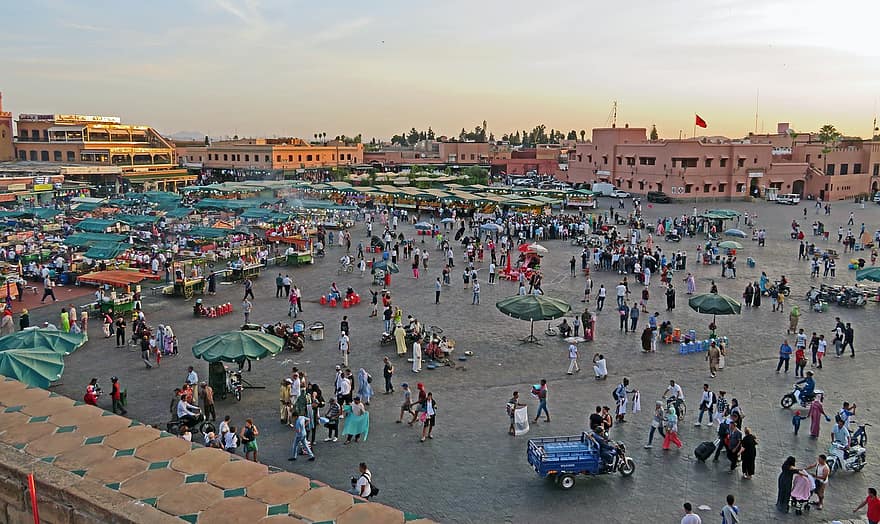 náměstí, cestovat, cestovní ruch, turistů, dav, marocký