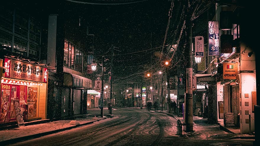 Road, Snowfall, Buildings, Street, People, Pedestrians, Night, Snow, Winter, City, Urban