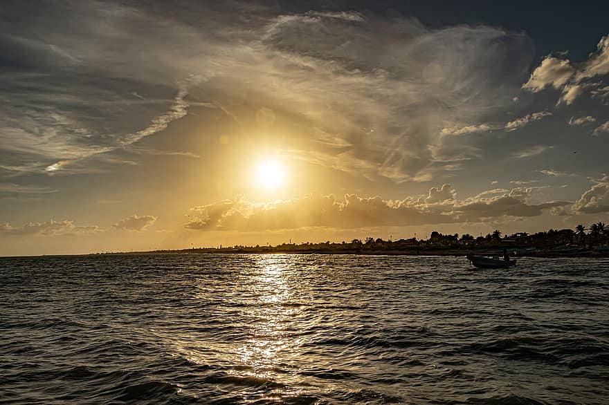 matahari terbenam, Pelabuhan, Yucatan, meksiko, laut, alam, matahari, pemandangan, indah, senja, sinar matahari