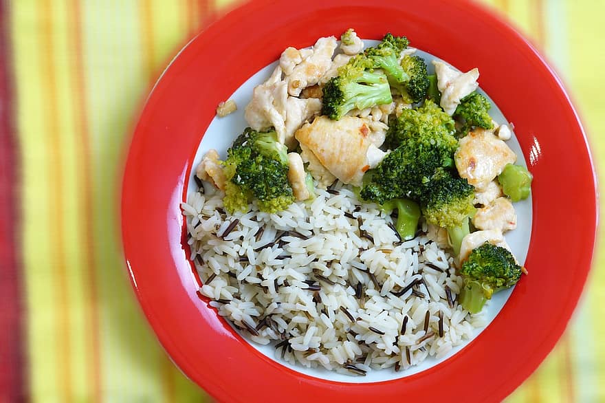 Reis, Mahlzeit, Lebensmittel, Brokkoli, Hähnchen, Fleisch, Gemüse, Gericht, lecker, gesund, asiatisch
