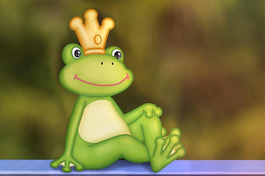 żaba, Żabi książę, Zielony, Zwierząt, śmieszne, bajki, kreskówka, korona, uroczy, król, zabawa