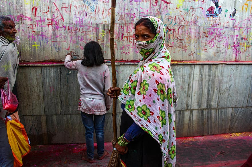 Woman, Hijab, Indian, Asian, People, Broom, Wall, Powder Festival, Festival Of Colors, Holi, Traditional