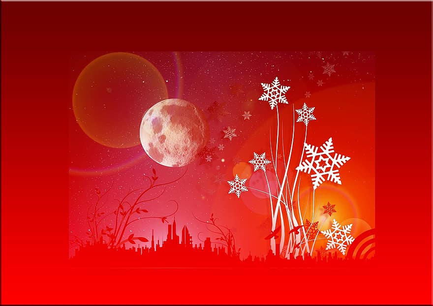 Karácsony, eiskristalle, hó, hold, sziluett, város, csillag, üdvözlőlap, piros, karácsonyi kártya, megérkezés