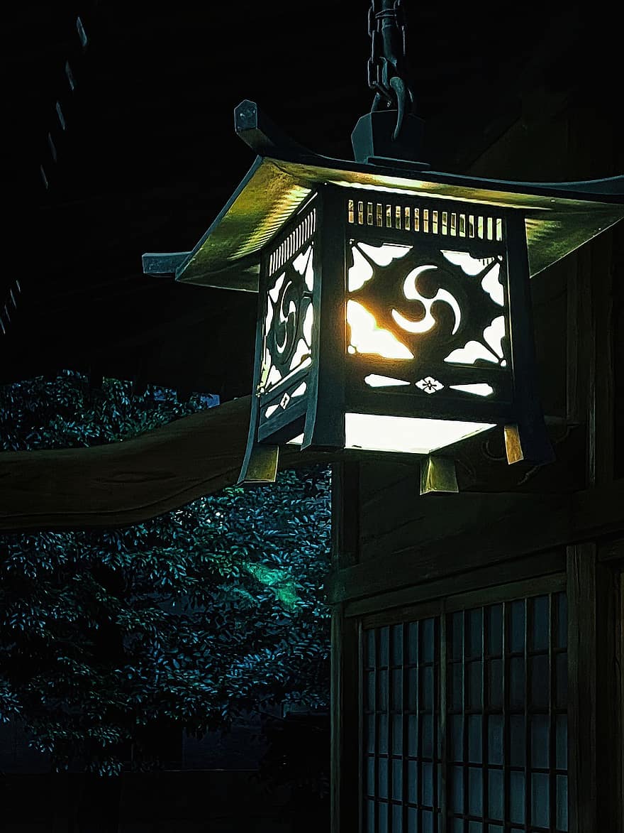 natt, mörk, shinto, helgedom, tokyo, japan, belysning, lykta, upplyst, fönster, arkitektur