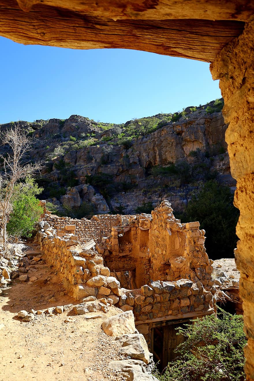 oman, muntanya, ruïnes, naturalesa, antiga ruïna, paisatge, rock, lloc famós, arquitectura, penya-segat, història