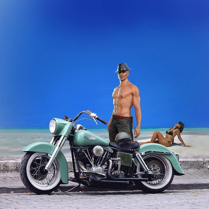 Harley, Harley Davidson, moto, dur, platja, vida de platja, horitzó, estil de vida, masculinitat, mannentorso, motociclista
