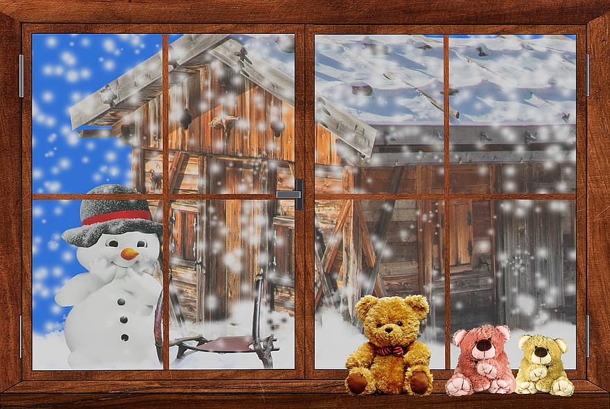 hóember, téli, hó, télies, üdvözlőlap, kunyhó, hegyi kunyhó, vakáció, ünnepek, téli szünet, medve