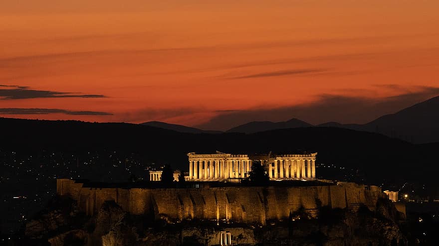 아테네, 그리스, 여행, 황금 시간, 성채, 파르테논 신전, 그리스 사람, 건축물, 고대의, 밤, 일몰