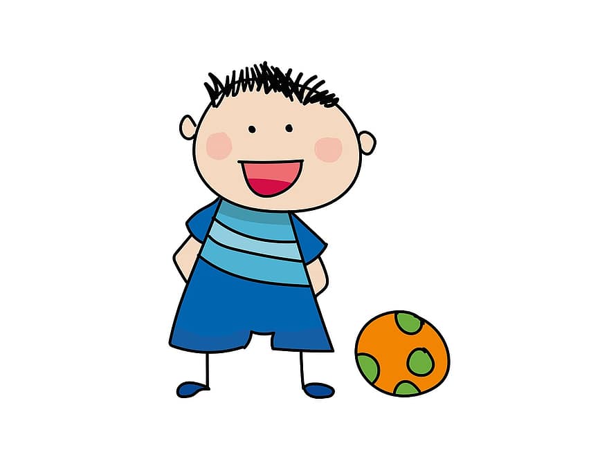 noi, nen, futbol, esports, kindergarten, infància, pilota, dibuixos animats, il·lustració, nois, esport