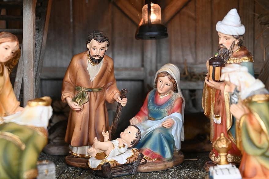 Мария, Йозеф, Исус, дете, Коледа, сцена на Рождество Христово, ангел, ореол