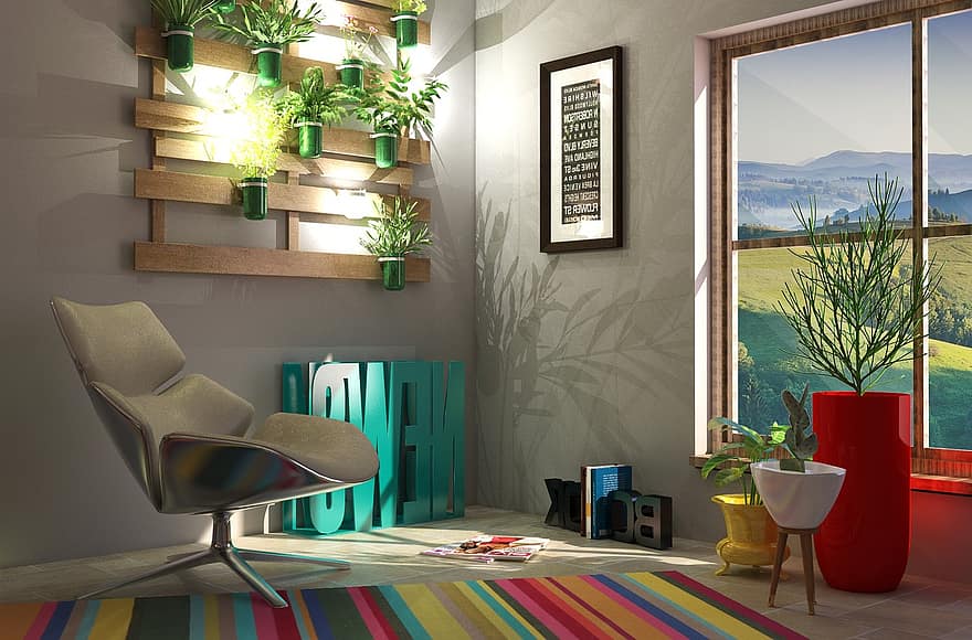 interiér, židle, dekorace, plakát, okno, rostlin, koberec, svítilna