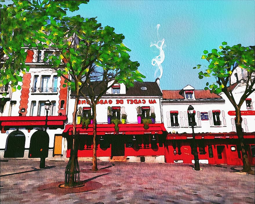 Watercolor Paris, Monmartre, Place Du Teatre, Watercolor, Bistrot, Paris, France, Europe, French, City, Architecture