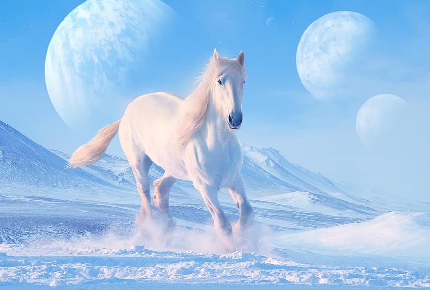 фантазия, кон, луна, сняг, бял кон, жребец, конски, магически, мистична, величествен, мечта