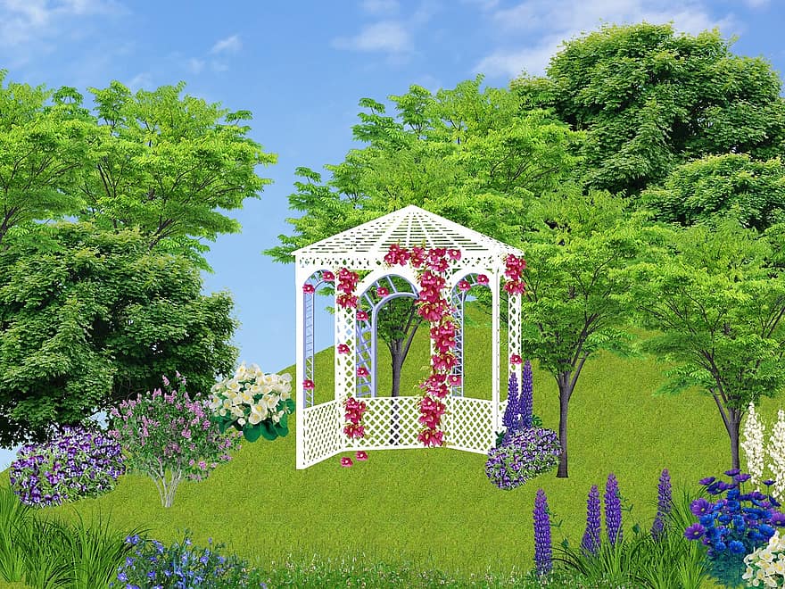 Garten, Pavillon, Bäume, Blumen, Natur, weiße Blumen, lilane Blumen, violett, Sommerblumen, Blumenbeet, Farbe