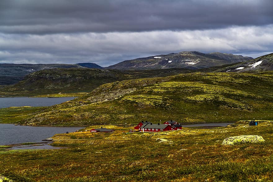 ngôi nhà tranh, núi, cây thạch nam, Nước, những đám mây, Thiên nhiên, phong cảnh, cao nguyên núi hardangervidda, besso