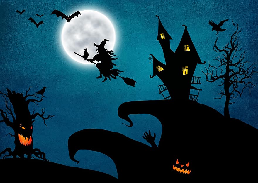 halloween, heksen, måne, kat, flagermus, grave, træer, heksens hus, silhuetter, blå, sort
