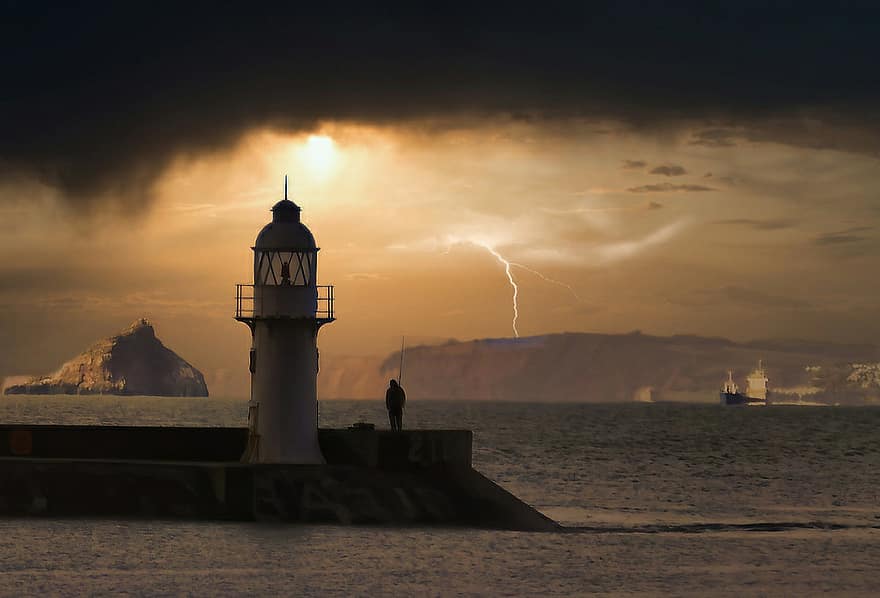 Lighthouse, Sea, Sunset, Storm, Cloud, Water, Lightning, Sky, Ocean, Thunderstorm, Coastline