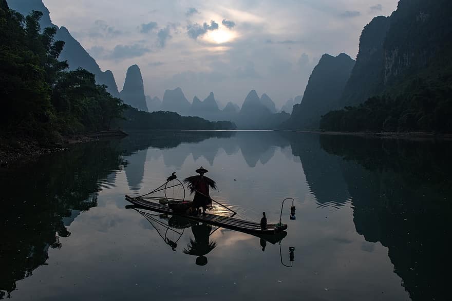 Nature, Fisherman, Landscape, Reflection, Mountains, Li River, water, nautical vessel, mountain, men, fishing